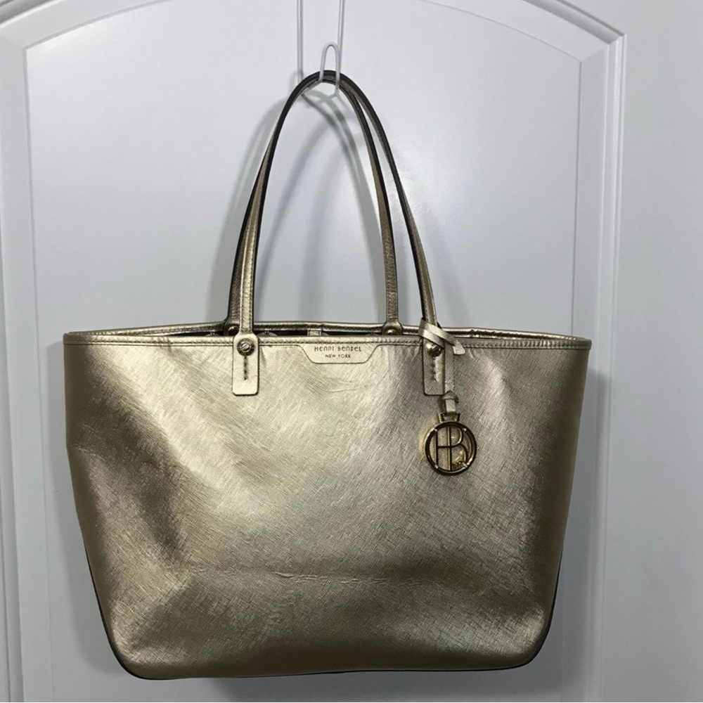 Henri Bendel Metallic Gold West 57th Saffiano Leather Tote Bag  EUC